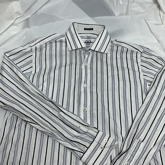 Men’s bugatchi white blue vertical stripe button down long sleeve shirt size M - Picture 1 of 8